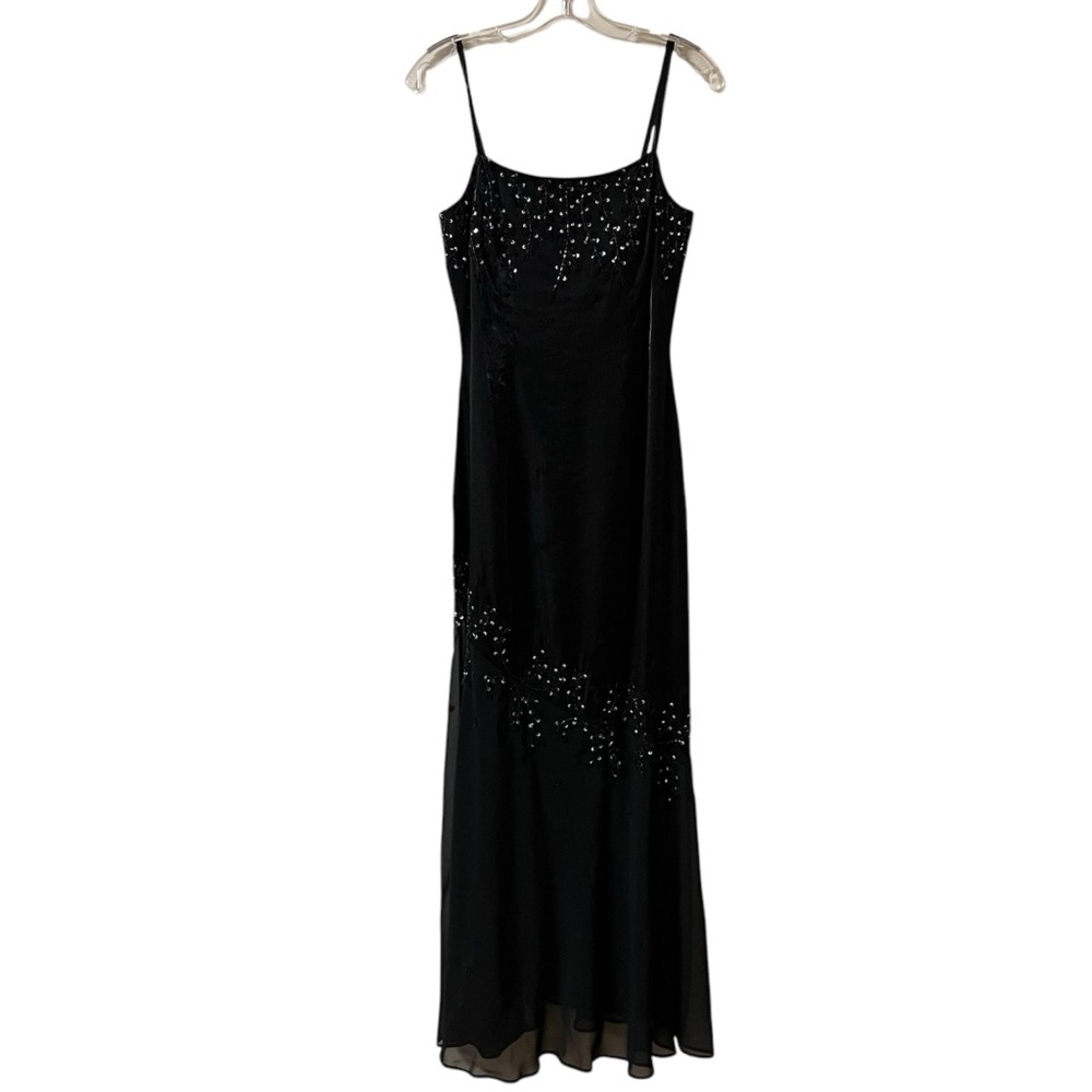 Cache Black Sheer Beaded Asymmetrical Formal Long… - image 1